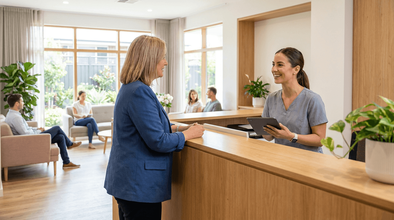 A patient reviewing coverage details with staff at the Lebarty Medical front desk