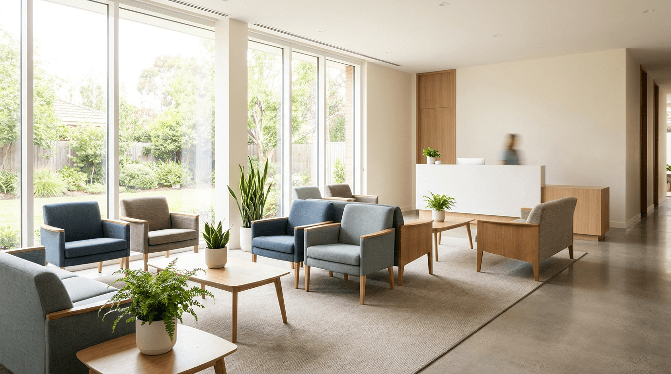 The bright, calm waiting area inside the Lebarty Medical clinic